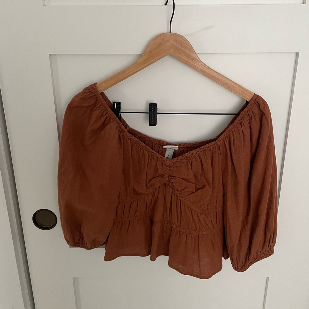 a new day Rust Brown Off-Shoulder Peasant Blouse with Front Bow